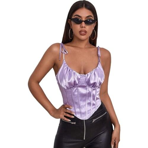 Sexy Satin V-neck Lace Up Spaghetti Strap Top Bustier Summer Sleeveless Backless Zipper Cami Women Slim Fit Vest Streetwear
