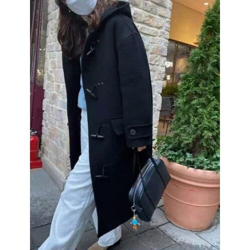 2021 Winter Korean Handmade Double Sided Horn Button Hooded Long Black 100% Sheep Wool Coat Women Loose Woolen Overcoat