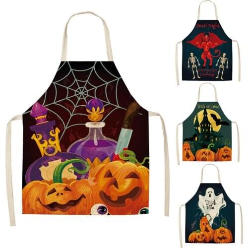 1 Pcs Kitchen Aprons Cotton Linen Bibs Household Trick Treat Pumpkin Witch Home Cooking Baking Waist Bib Pinafore