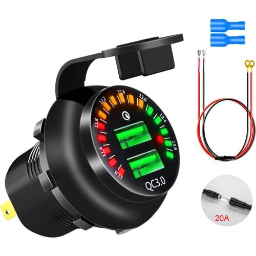 12V Quick Charge 3.0 USB Car Charger Waterproof QC3.0 Fast Charger Socket Colorful Voltmeter for Marine Boat Motorcycle Truck