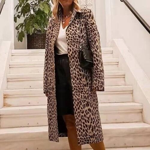 2021 Fall Fashion Trend Leopard Print Long Cotton Jacket Trench Coat