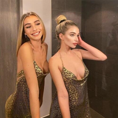 2021 Sexy Club Metal Leopard V-neck Backless Party wear Dresses Summer Dress Sequins Metal sling Women Dress