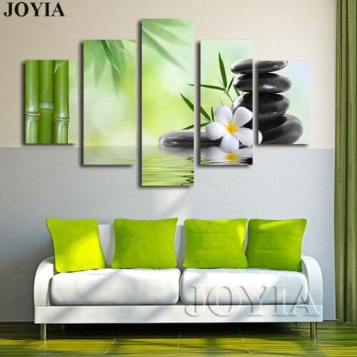 5 Piece Canvas Wall Art Green Bamboo Painting SPA Stones HD Picture Prints For Room Yoga Studio Decor No Frame