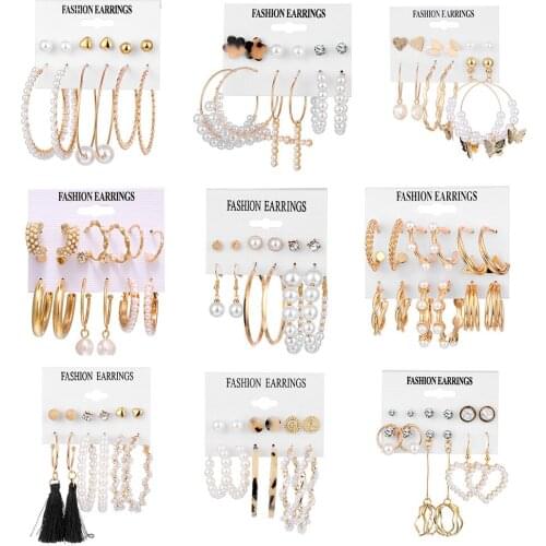 AINAMEISI Fashion Gold Hoop Earrings Set Ladies New Temperament Simple Irregular Pearl Butterfly Six-Piece