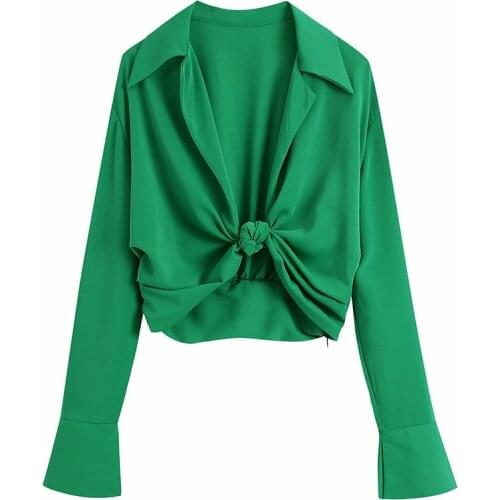 Aonibeier Green Cardigan Summer Women Casual Shirts Drop Shoulder Flare Sleeve Lace-up Front Twist Detail Female Crop Tops