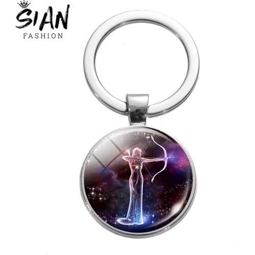 SIAN New Twelve Constellations Nebula Galaxy Keychain 12 Zodiac Sign Glass Art Photo Key Chain Idea Key Rings Birthday Gifts