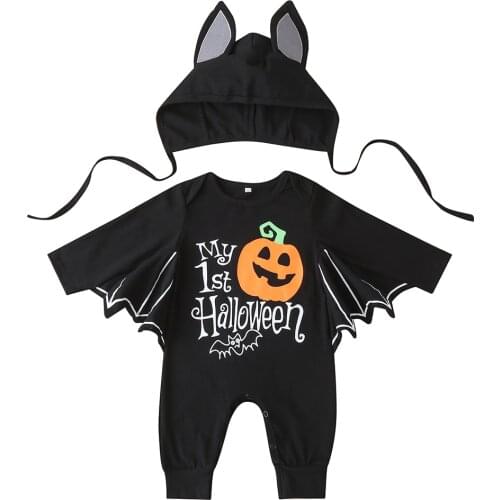Halloween Newborn Baby Boys Black Romper Batwing Sleeve Round Collar Pumpkin Printed Pattern Jumpsuit One Piece Party Costume