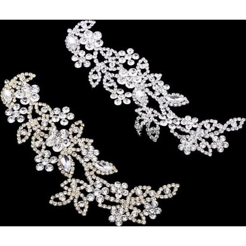 Flower Crystal Rhinestone Appliques for Wedding Dress Sash Decoration Rhinestone Trims Sew on Silver Gold Flatback 6.7*2.6 inch