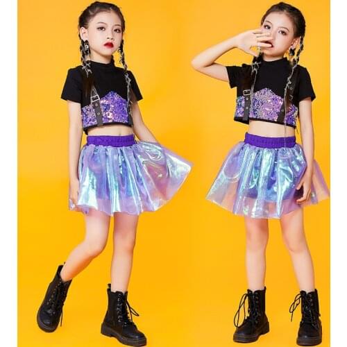 Kids Clothes Girls Jazz Dance Costumes Purple Sequins Cheerleader Costumes Dancer Outfit Street Dance Festival Clothing DQS7571