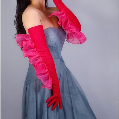 Long Wool with Transparent Organza Wave Finger Gloves Opera Party Long Gloves Stretchy Evening Dance Gloves gant mariage femme