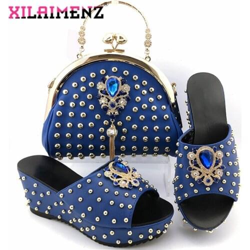 Royal Blue Color 2020 Nigerian Women Shoes and Bag with Platform High Quality Slingbacks Shoes with Evening Bag for Wedding
