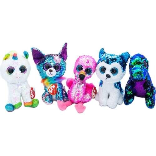 New 6''15cm Ty Big Eyes Plush Doll Glowing Sequins Dinosaur Unicorn Flamingo Puppy Collection Boys Girls Birthday Christmas Gift