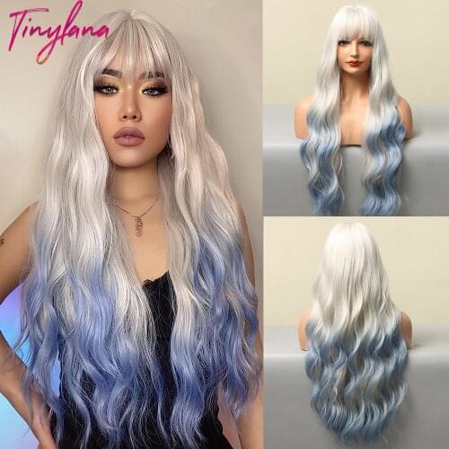 TINY LANA Long Water Curly Wave Wigs with Full Bang Ombre Red Pink Colorful Synthetic Wig For Woman Cosplay Party Heat Resistant