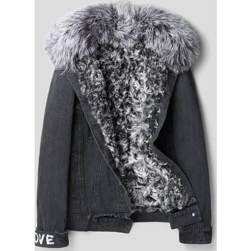 Parka Homme Real Lamb Liner Denim Winter Jacket Fox Fur Collar Short Parkas Streetwear Coat F-XD-1803 MY1215