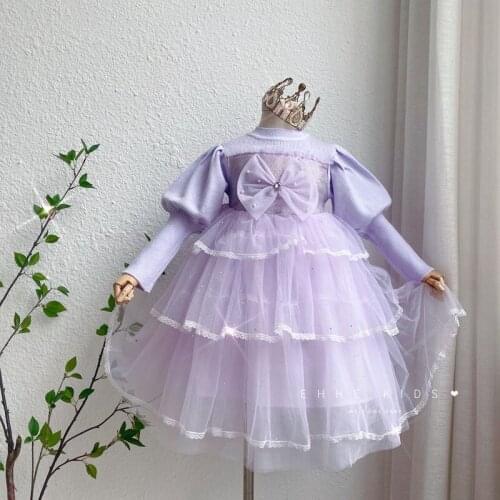 Girls bow tulle party tutu long sleeve dress wholesale