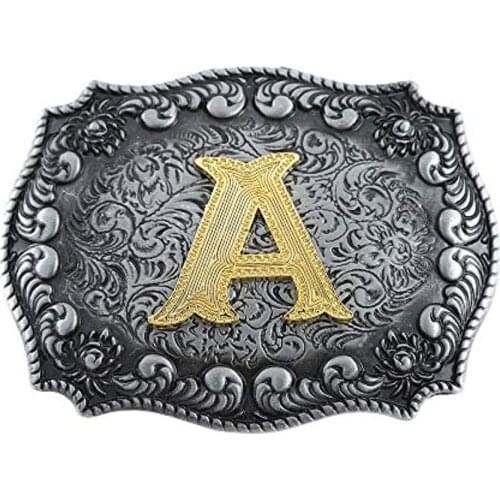 Rectangle Western Belt Buckle Initial Letters ABCDMRJ to Z Cowboy Rodeo Small Gold Belt Buckles for Men Women
