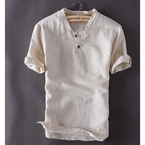 Mens Pullover Linen Shirts Short Sleeve Summer Breathable Mens Quality Casual Shirts Slim fit Solid Cotton Shirts Men