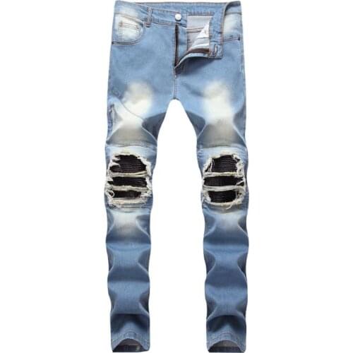 Blue Pleated Mens Patchwork Hole Ripped Biker Jeans For Motorcycle Casual Slim Skinny Distressed Stretch Denim Pants Size 28-42