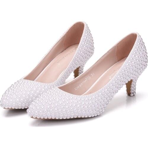 Crystal Queen White Pearl Wedding Shoes Bridal Women Shoes Elegant Heels Evening Party Shoes High Heel 5CM Dress Pumps size 43