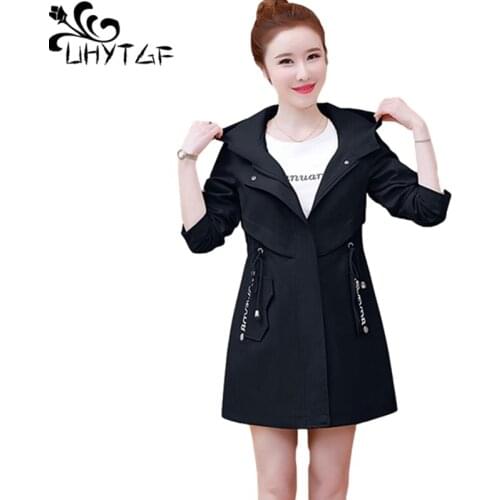 UHYTGF Women Windbreaker Mid-Length High-End Spring Autumn Trench Coat Female Elegant Thin Tops Plus Size Outerwear Genuine 1365