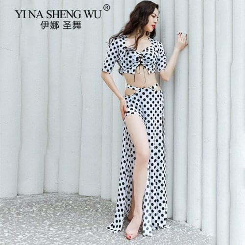 Vintage Belly Dance Set Practice Clothes Costume 3 Piece Dancing Outfit Tops Long Side Slit Skirt For Group Performance Wear