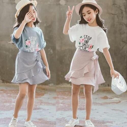 Children Girls Casual Skirt Dress Clothes Sets Summer Floral Print Short Sleeve T-shirt+Mini Striped Skirts Cute Suits 2Pcs