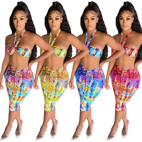 Printed Crop Tops And Shirring Midi Skirts 2 Piece Sets Women Outfits Holiday Beachwear Summer 2021 Sexy Party Clubwear