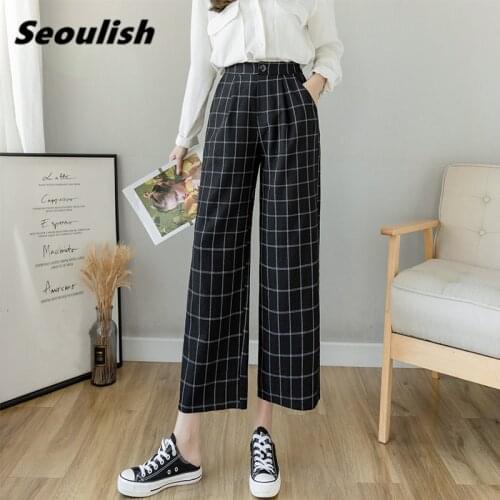 Seoulish Casual Plaid Cotton Linen Womens Wide Leg Pants 2021 New Summer High Waist Female Ankle Length Loose Trouses Pocket