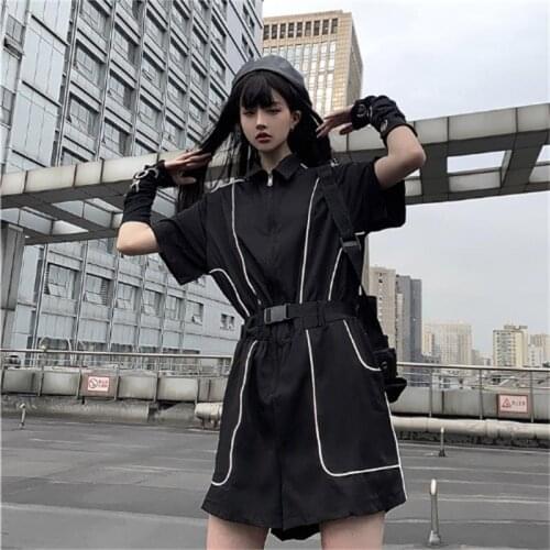 Ladies summer solid color functional cool girl disco reflective strip white short sleeve cargo pants short sleeve romper shorts