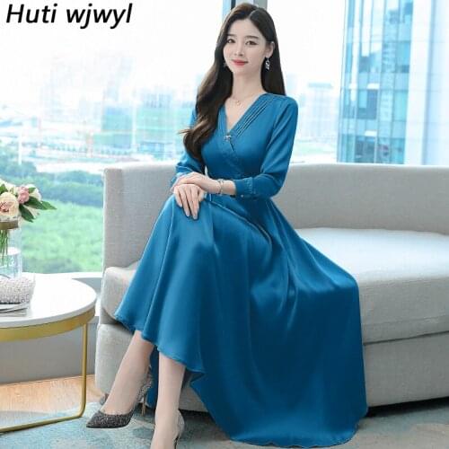 2021 Elegant Acetate Satin Black Long Sleeve Dress Autumn Winter New Women Casual Maxi Dress Vintage Bodycon Party Solid Vestido