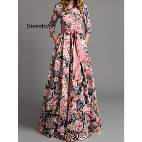 Bohemian Printing Long Dress O-neck 3/4 Sleeve Big Hem Women Spring Summer Casual Dress Elegant Party Vestidos De