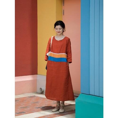 2021 new dress round neck art H-type linen stitching contrast color gown 210719