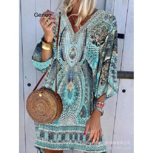 S-3XL Big Size Boho Dress Female Vintage Print Tops Long Sleeve Retro Loose Women Short Beach Dresses 2020 Autumn Fashion