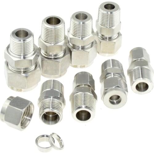 3/8" PT NPT Male Thread x 6mm 8mm OD Double Ferrule Tube Air Compression Pipe Fitting Connector SS 304 Stainless Steel 1/4" 1/2"