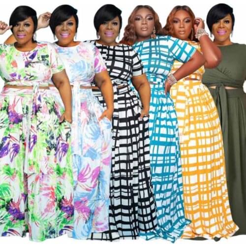 Cultiseed European Women Plus Size Summer New Print Short Sleeve T-Shirt+Loose Wide Leg Pant 2pc Sets Clothting Female Suits