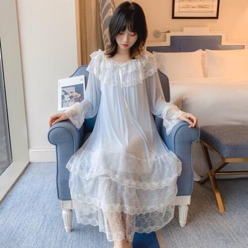 Home service plus size palace lace spring and summer sleepwear sweet princess nightdress bathrobe loose ночнушка kimono robe