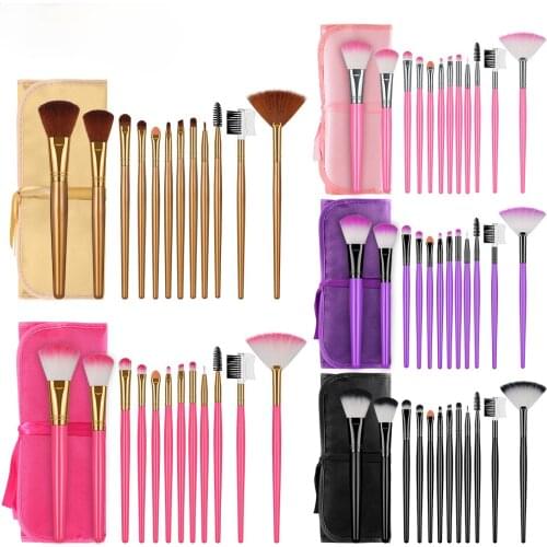 New 12pcs Plastic Handle Cosmetic Brush Set Fan-shaped Cosmetic Brush Powder Blush Eye Shadow Brushes