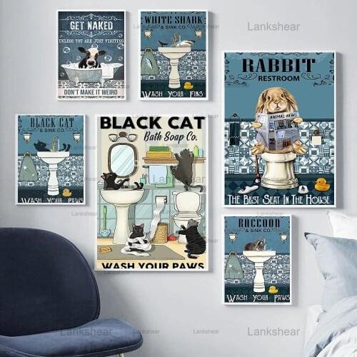 Canvas Painting Black Cat Shark Rabbit Raccoon Posters and Prints Get Naked Quote Bathroom Wall Art Picture Toilet Room Decor