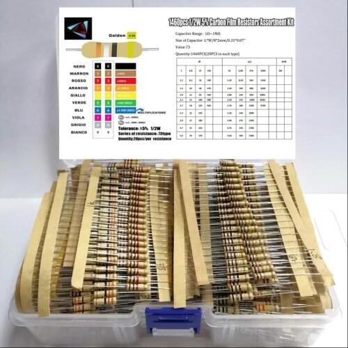 1460pcs 1/2W 5% 1-1M ohm 73 values Carbon Film Resistors Assortment Kit