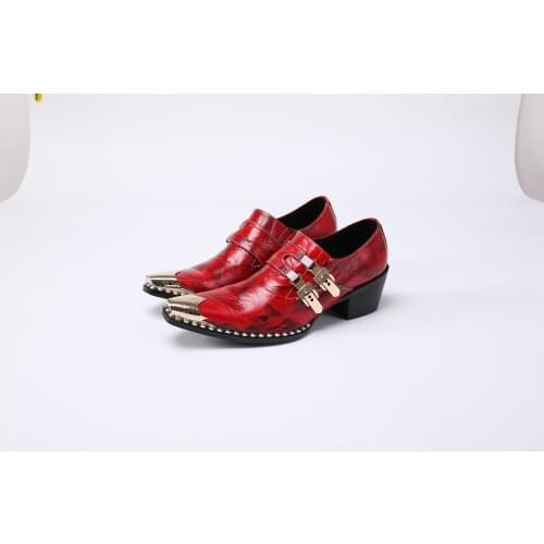 Mocasines Hombre Red Wedding Genuine Leather Dress Shoes oxford Gold Steel Toe Rivets Dould Buckle Formal Mens Shoes Bridal