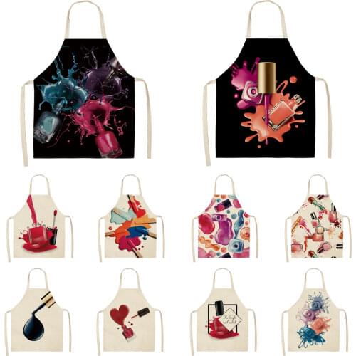 Kitchen Women Apron Color Nail polish bottle Printed Linen Adult Childs leeveless Aprons Waterproof Home Cleaning Tools DH08