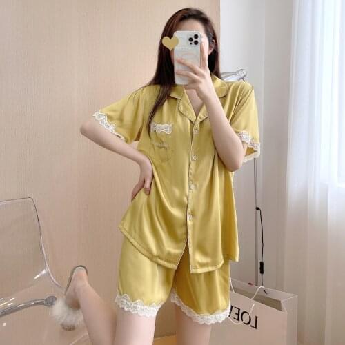 Summer Women Pajamas Set Fashion Lace Sleepwear Short Sleeve Sweet Leisure Shorts Home Elastic Pants Nightwear for Girls
