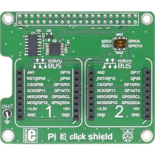 MIKROE-2756 Expansion Board, Pi 3 Click Shield For raspberry Pi, 2 x MikroBUS Connectors for Click Boards