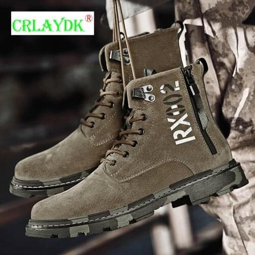 CRLAYDK Couple Fashion Mens Outdoor Camouflage Boots Leather Hiking Botas Ankle Shoes Combat Casual Walking Fur Lined Zipper