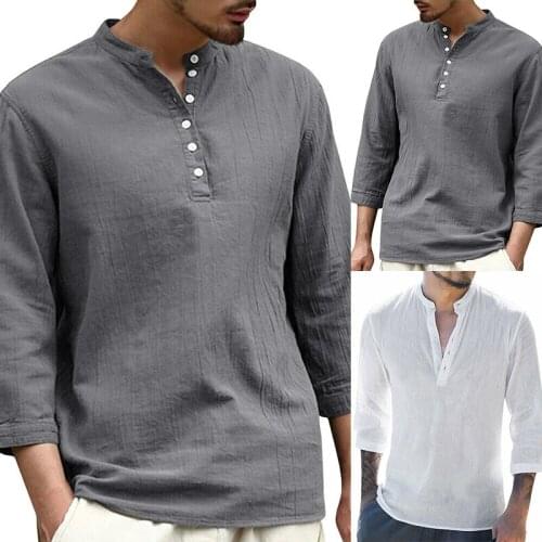 Men Summer Linen Shirt New Fashion Mens Button Retro High Quality V-Neck Tops Mens Clothes 2019 Man Pullover Tops Shirts