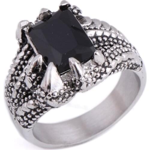 Stainless Steel Gothic Dragon Claw Black Glass Biker Ring for Men