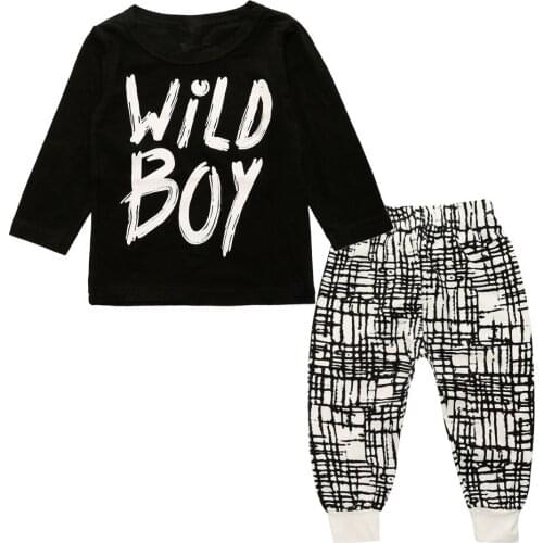 Autumn newborn infant boy suit 2pcs black long sleeve letter printed t-shirt+striped pants baby clothing children costumes