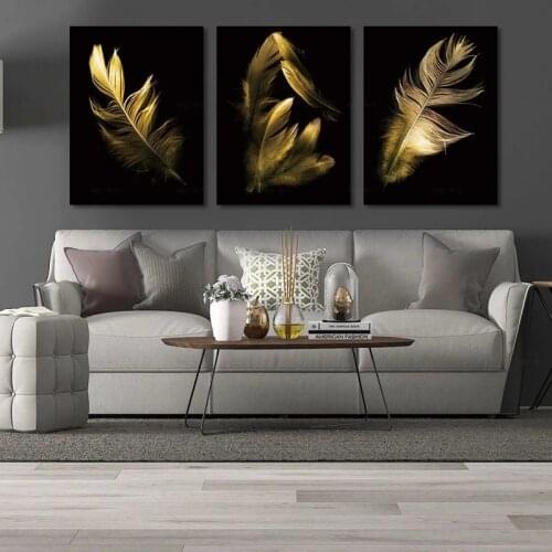 Nordic Modern Abstract Painting Feather 3 Pieces Canvas Wall Art Poster Gold Red Blue Gray Feather Pictures for Home Decor