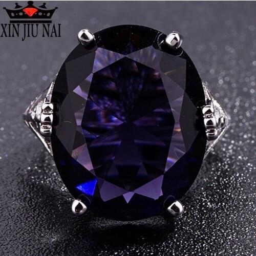 Luxury Victorian Antique Big Large Purple Oval Crystal Apollo Rings Silver Jewelry Princess Cubic Zircon Women Traditional Ring