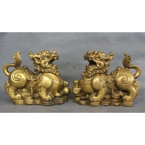 SCY 8" Chinese Brass RuYi Ball Lion PiXiu Unicorn On Wealth YuanBao Coin Statue Pair